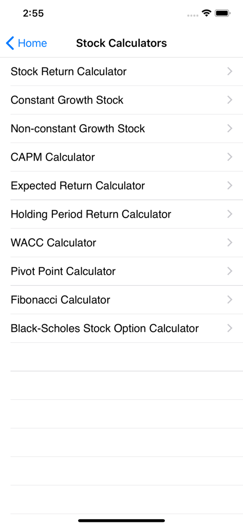 A list of professional stock and investment calculators including CAPM and Black Scholes