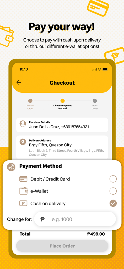McDelivery PH - Checkout screen of McDelivery PH app showing payment options like cash on delivery and e-wallet