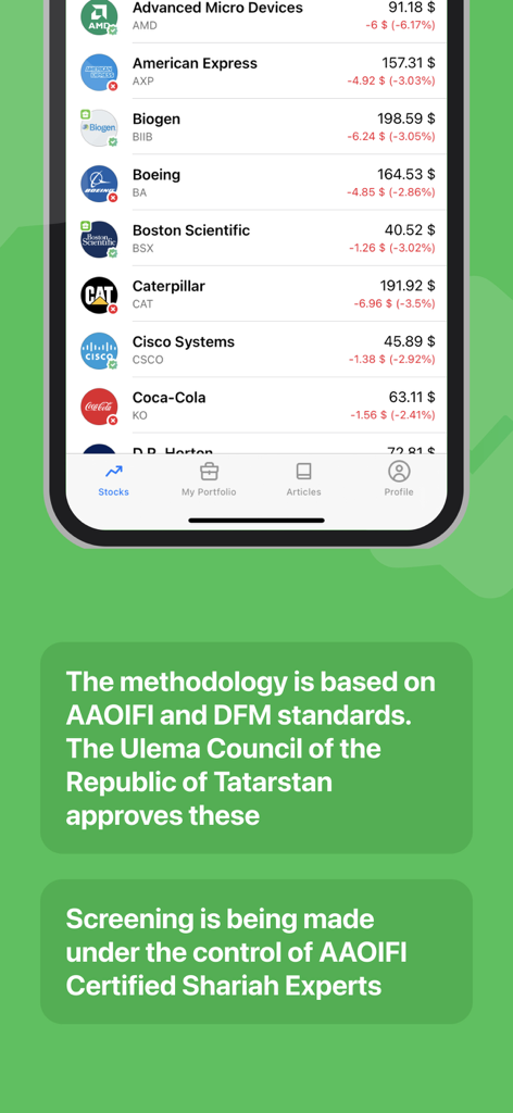 Sahih Invest mobile App-Oberfläche, die eine Liste von Aktien mit Halal-Status-Indikatoren und Details zur Scharia-Konformitätszertifizierung anzeigt