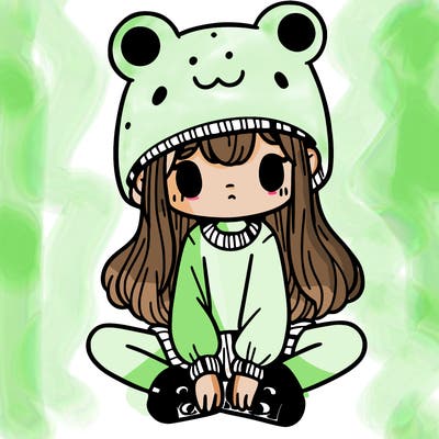a girl wearing a frog hat and some frog socks