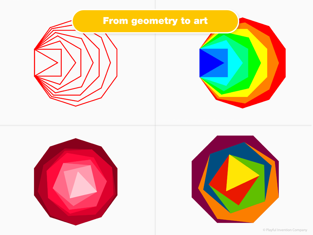 Four colorful geometric patterns showcasing how coding translates geometry into art.