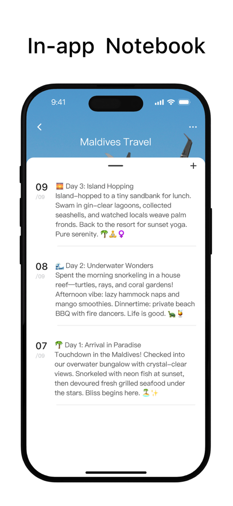 Mobile screen showing an in-app notebook with a travel diary for a Maldives trip including daily descriptions and emojis.