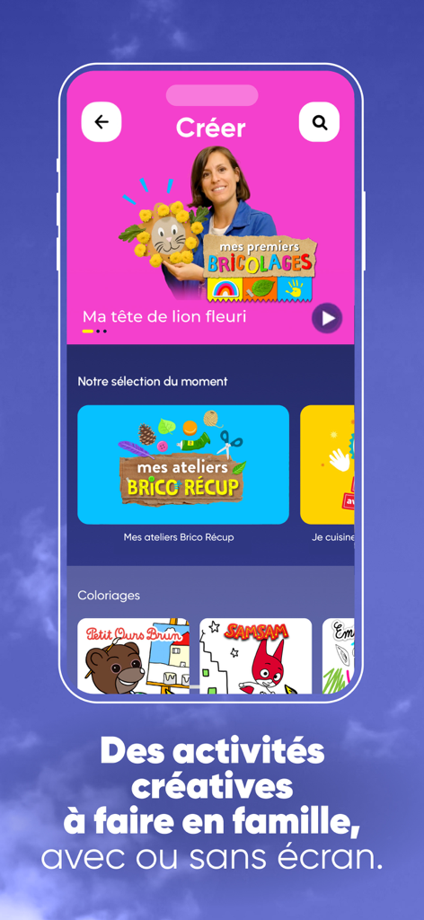 BayaM : Podcasts, jeux & films - Interface de l'application BayaM affichant des tutoriels de bricolage et des activités de coloriage pour enfants
