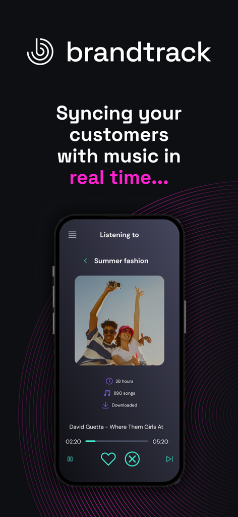 Brandtrack Player mobile app interface displaying a curated music playlist for commercial business environments