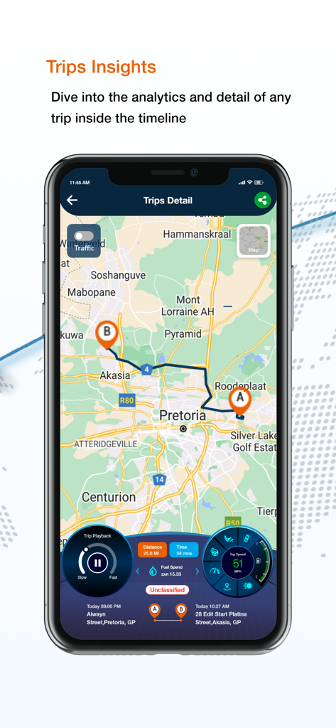 Amber Connect - Smartphone screen of Amber Connect app displaying trip details with map route and vehicle performance data