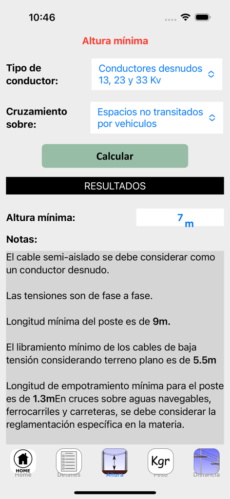 Linea Eléctrica Aérea - Écran de calcul de la hauteur minimale des lignes électriques aériennes dans l'application Linea Electrica Aerea