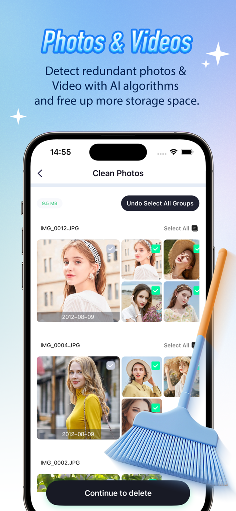 Dolphin Clean - Smart Cleaner - Dolphin Clean アプリのインターフェース。iPhone 上の重複写真・動画の AI 検出と削除が表示されています。