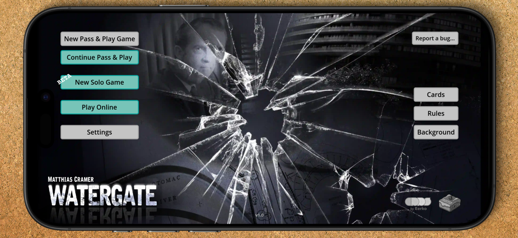 Main menu screen of the Watergate digital board game with Nixon background