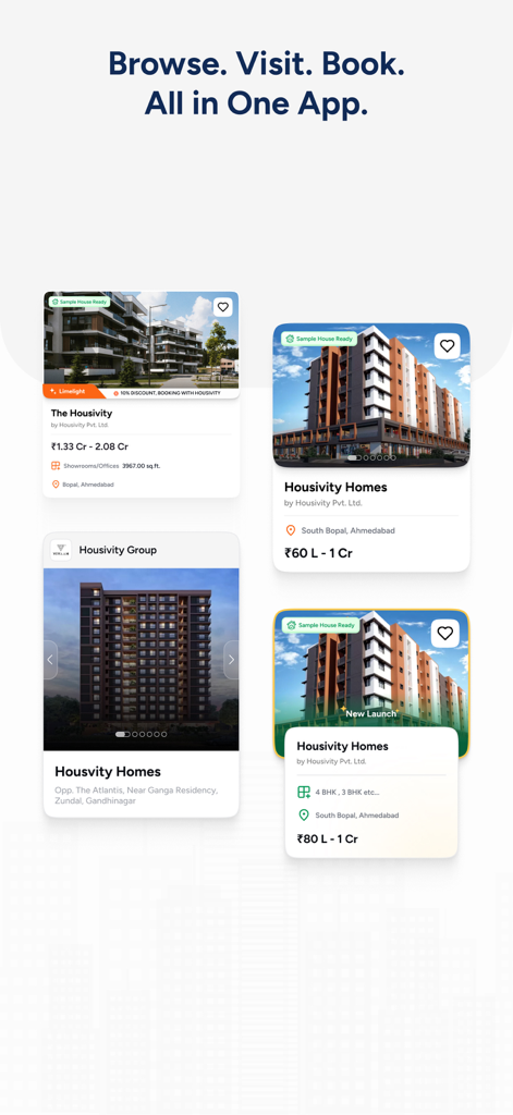 Housivity.com: Buy, Sell, Rent - Eine Werbegrafik für die Housivity-App, die mehrere Immobilienkarten für Wohnungen und Häuser in Indien mit Preisangaben und Standorten zeigt.