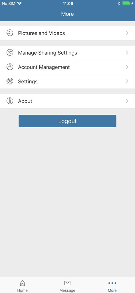 Pantalla de configuración de la aplicación Safire Connect mostrando administración de cuentas y opciones de compartir