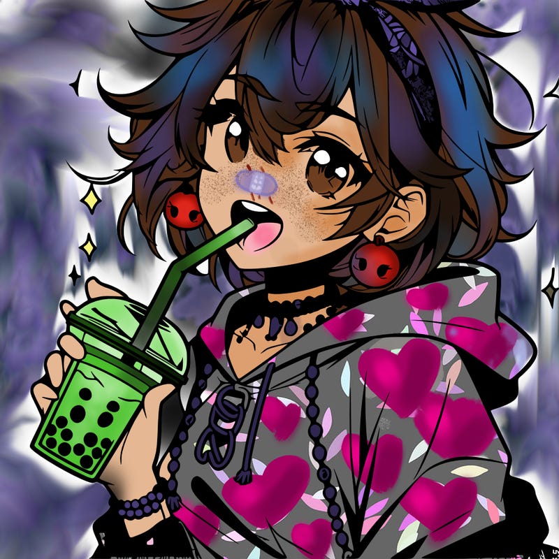 hot baddie anime girl drinking boba and biting the straw