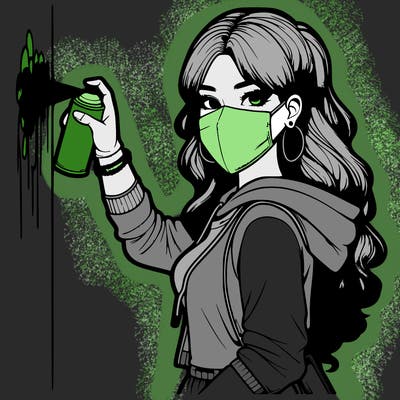 realistic girl with mask spray painting a wall