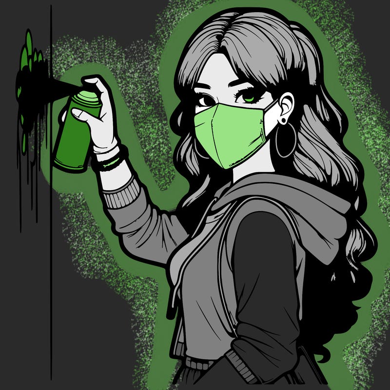 realistic girl with mask spray painting a wall