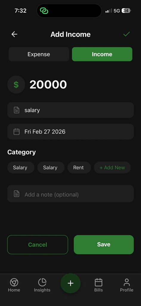 Budget Buddy: Save & Track - Interface of Budget Buddy app showing the add income form with a salary entry and category selection