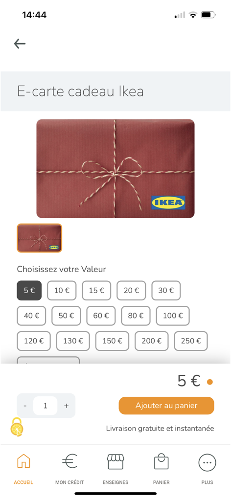 Up Cadeaux - Interface de l'application Up Cadeaux montrant les options d'achat d'une carte cadeau numérique IKEA avec différentes valeurs monétaires