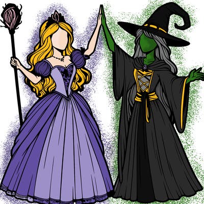 detailed realistic split of a princess and a witch