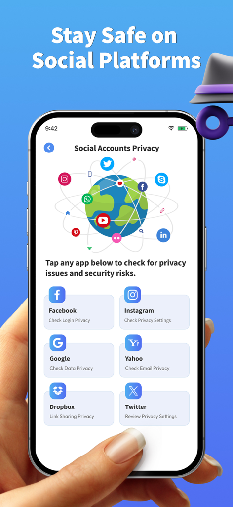 Interfaz de la aplicación Prosec mostrando opciones de verificación de privacidad para varias plataformas de redes sociales