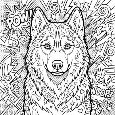 Dive into a vibrant world with this stunning Siberian Husky Pop Art coloring page, blending a beloved dog breed with iconic comic book aesthetics. Experience the thrill of coloring bold outlines, halftone dots, and dynamic elements that bring this energetic design to life.