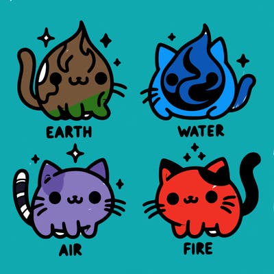 4 cats that represent the different elements, earth, water, air, and fire