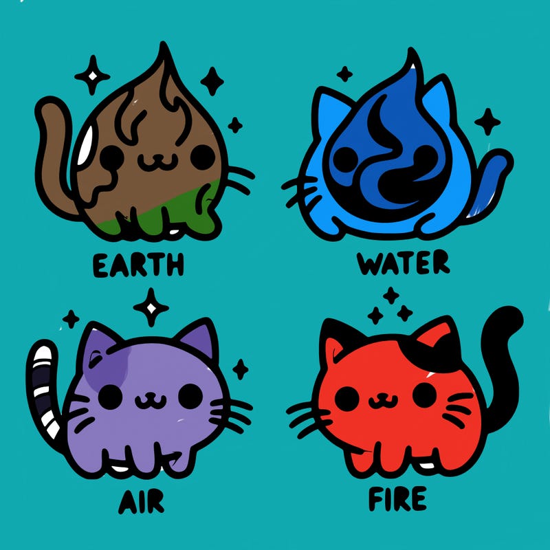 4 cats that represent the different elements, earth, water, air, and fire