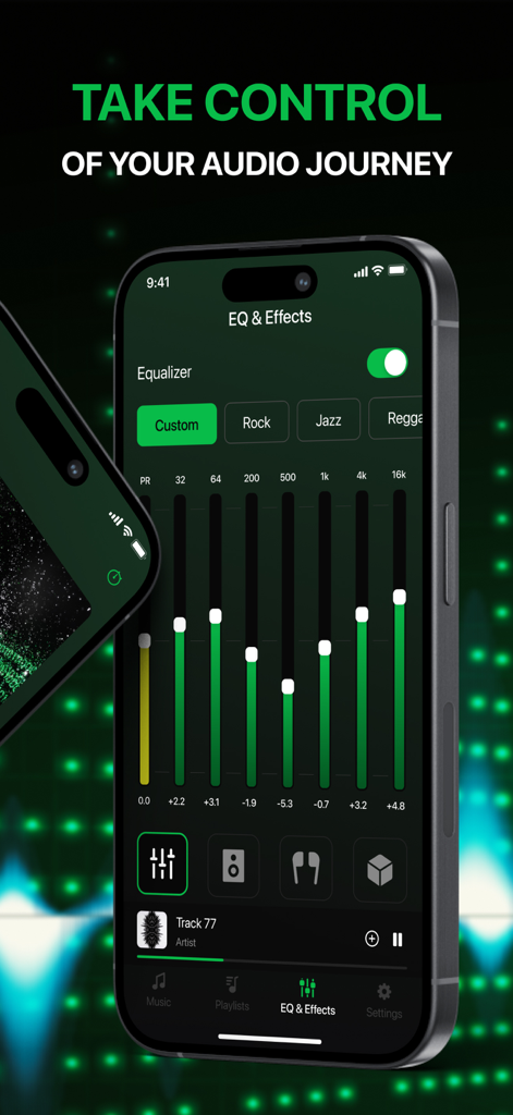 Music Equalizer - Tuner Boost - Un smartphone que muestra una interfaz de ecualizador de música verde oscuro con múltiples controles deslizantes de frecuencia y botones preestablecidos para rock y jazz.