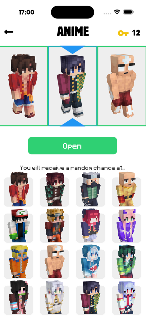 SkinCraft- Skins for Minecraft - Un menú en la app SkinCraft que muestra una variedad de skins de Minecraft inspiradas en anime como Luffy, Naruto y Aang.