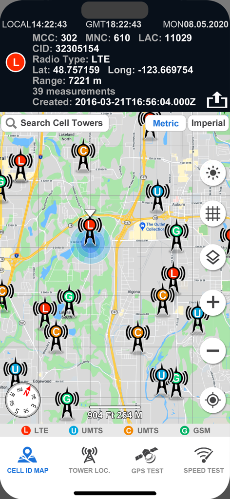 A map interface displaying cell tower locations for LTE GSM and UMTS networks with technical diagnostic data