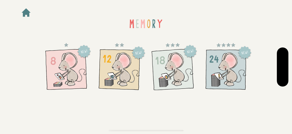 Memory game level selection screen in the Little Mouse educational app for toddlers showing four difficulty levels with hand-drawn illustrations.