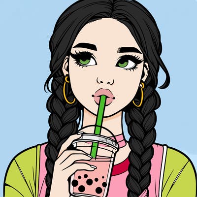realistic girl with braided hair drinking boba