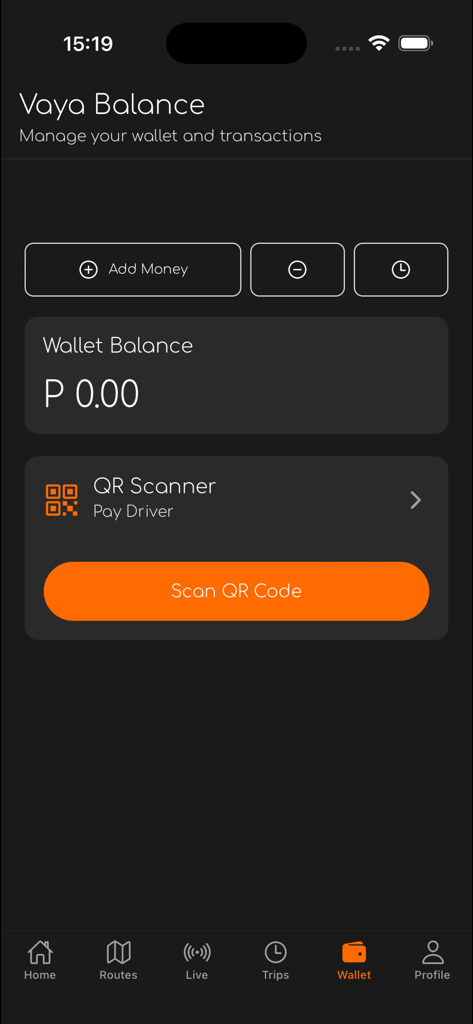 Vaya-Luyten - Vayaアプリのウォレット画面、残高と交通運転手への支払いのためのQRコードスキャナーを表示