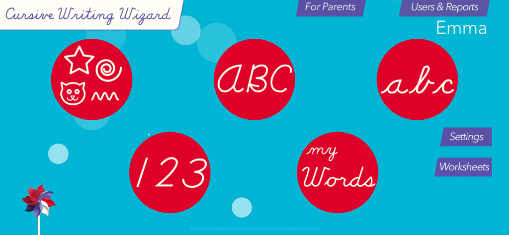 Main menu of the Cursive Writing Wizard School app showing learning modules for uppercase letters, lowercase letters, numbers, and custom words.