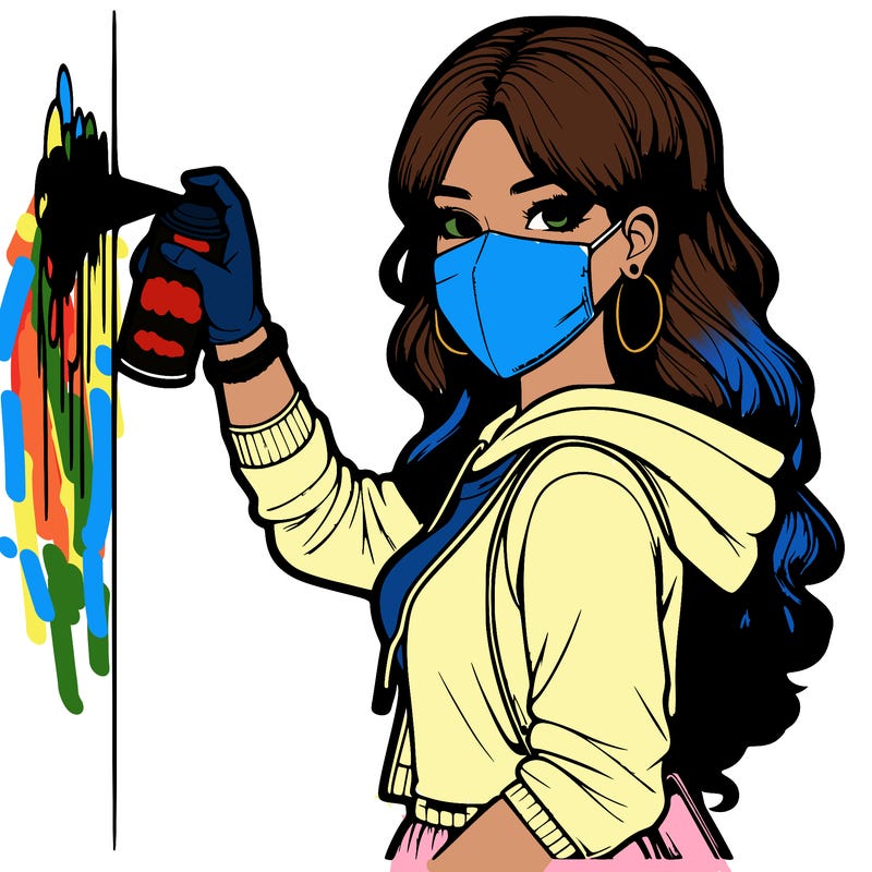 realistic girl with mask spray painting a wall