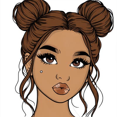 realistic girl with two buns on her hair and lips