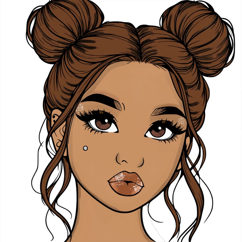 realistic girl with two buns on her hair and lips