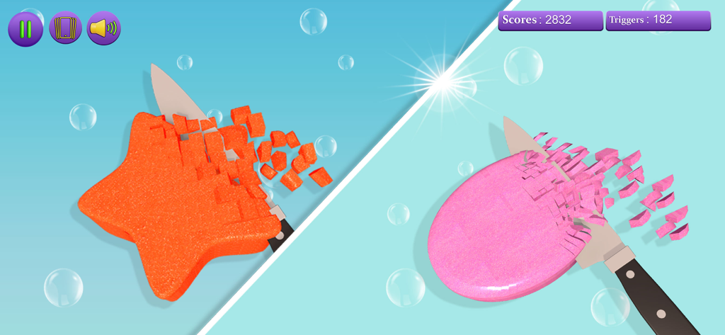 Split screen gameplay of ASMR Artist app showing satisfying slicing of orange and pink shapes with knives