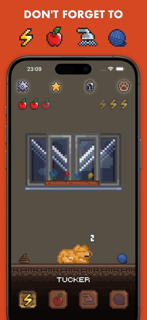 Pex: Watch face & Pet AI - Interface of Pex app showing a sleeping pixel art dog named Tucker and pet care icons