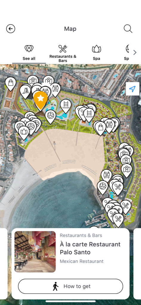 Barceló Hotel Group - Mapa digital do resort Barcelo mostrando a localização de restaurantes e instalações