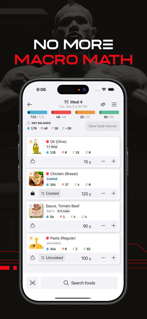 RP Diet Coach & Planner - RP Diet Coach app interface displaying detailed macro and calorie tracking for a specific meal with a No More Macro Math headline