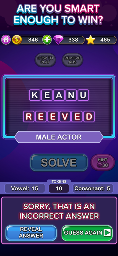 Trivia Puzzle Fortune Games! - A word puzzle gameplay screen showing an incorrect answer for a male actor category.