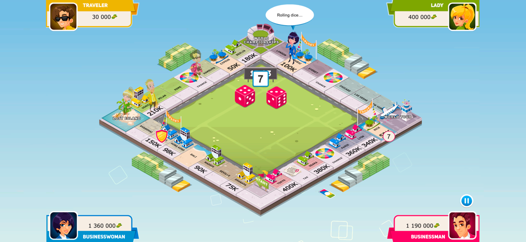 Business Tour Junior - Pantalla de juego de Business Tour Junior mostrando un tablero de juego isométrico en 3D con avatares de jugadores, casillas de propiedad y lanzamiento de dados.