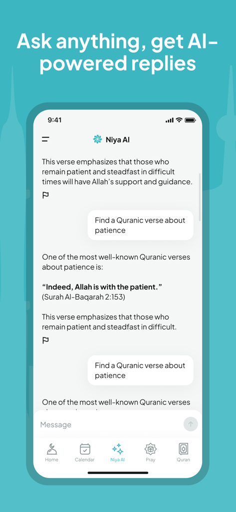 A screenshot of the Niya app's AI chat interface showing a user asking for a Quranic verse about patience and receiving an AI-generated response with a verse and explanation.