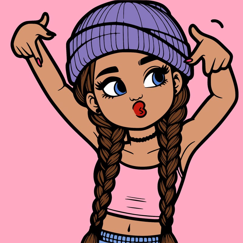 realistic teenage girl with braids and a beanie and crop top doing 🫶🏼