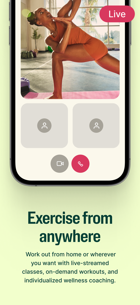 Interfaz de la app Wellhub mostrando una sesión de yoga en vivo con el texto 'Ejercicio desde cualquier lugar'.