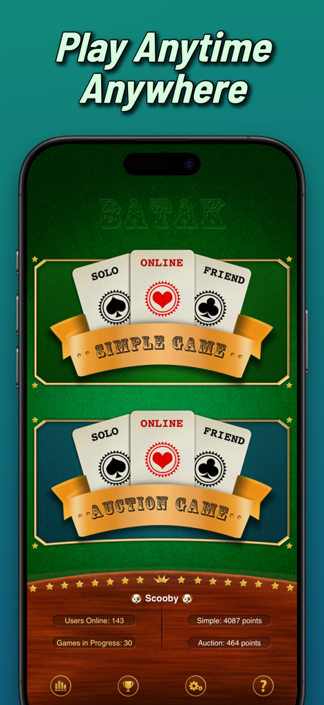 Batak Online trick taking game - Menu principal do aplicativo Batak Online com os modos de jogo Simples e Leilão.
