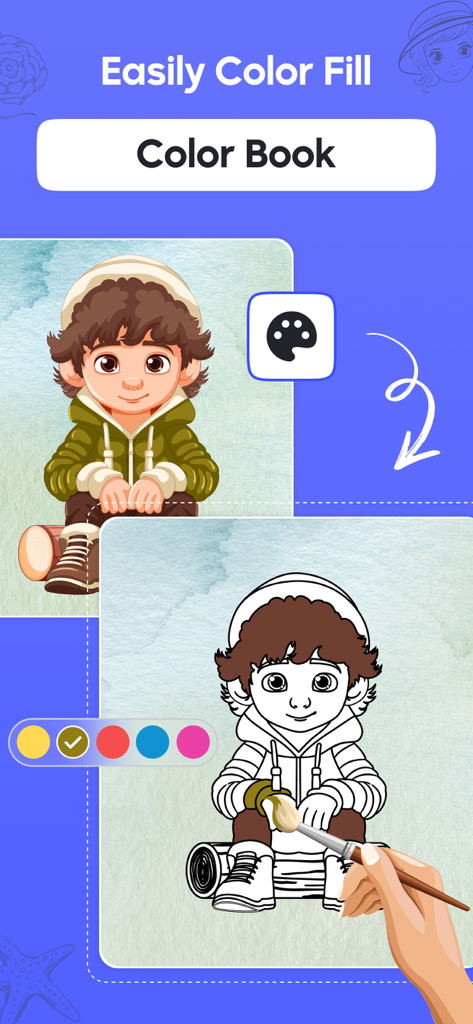 AR Sketch - Trace Anything - 남학생 캐릭터가 브러시 도구를 사용하여 색칠되는 디지털 색칠 공부 책 인터페이스.