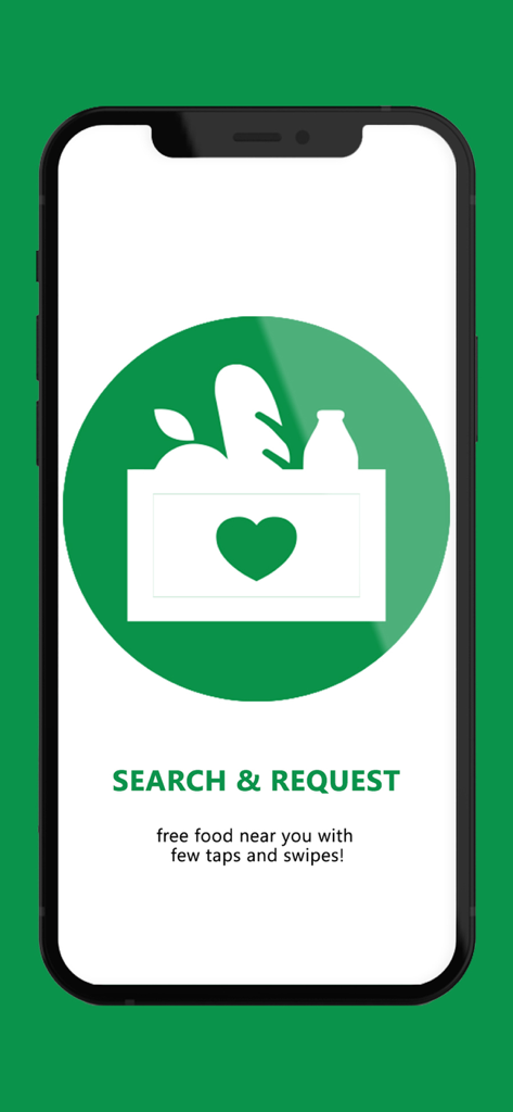 Tela de pesquisa e solicitação do aplicativo Feed It Forward para encontrar comida grátis por perto