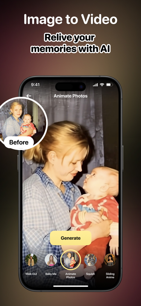 CloneAI mobile app interface demonstrating the image to video feature animating an old photo of a mother and baby.