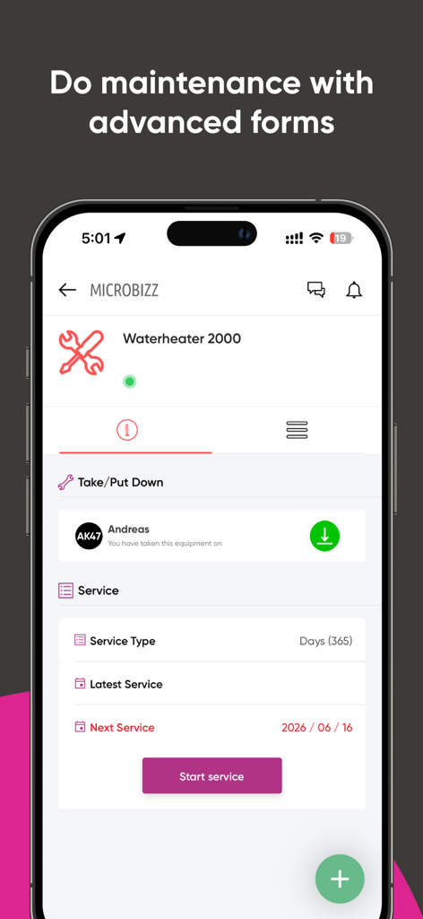 Microbizz 3 - Microbizz 3 app maintenance form for water heater service