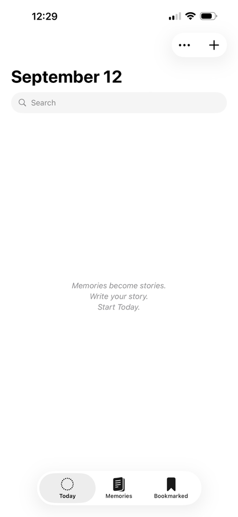 Today - Memory Notebook - Empty journal screen of the Today Memory Notebook app with a minimalist interface for September 12