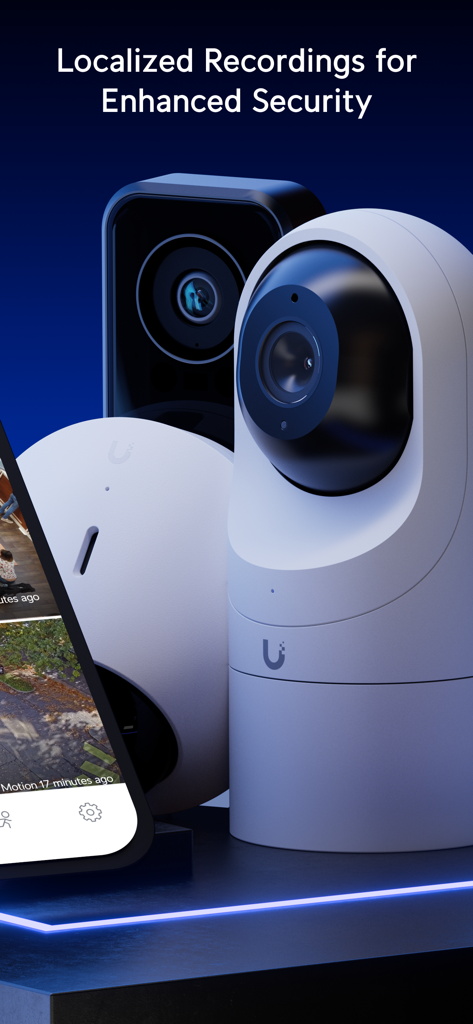 Varias cámaras de seguridad UniFi y un smartphone mostrando la aplicación UniFi Protect con el texto Grabaciones Localizadas para Mayor Seguridad.